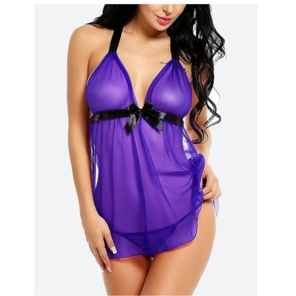AIVELAYS purple see through Sexy Lingerie for Women Babydoll Chemise mesh 2pc-L
